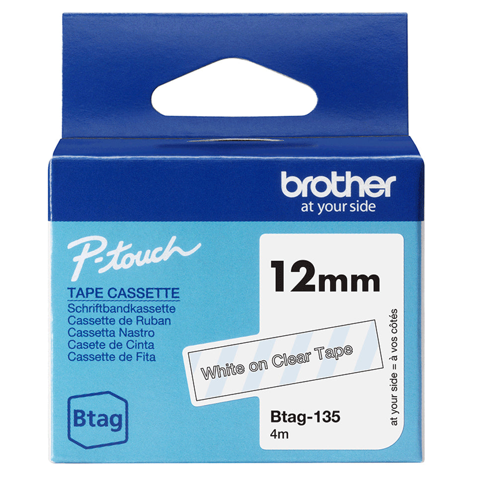 BROTHER 12MM BTAG135 Tape White on Transparent
