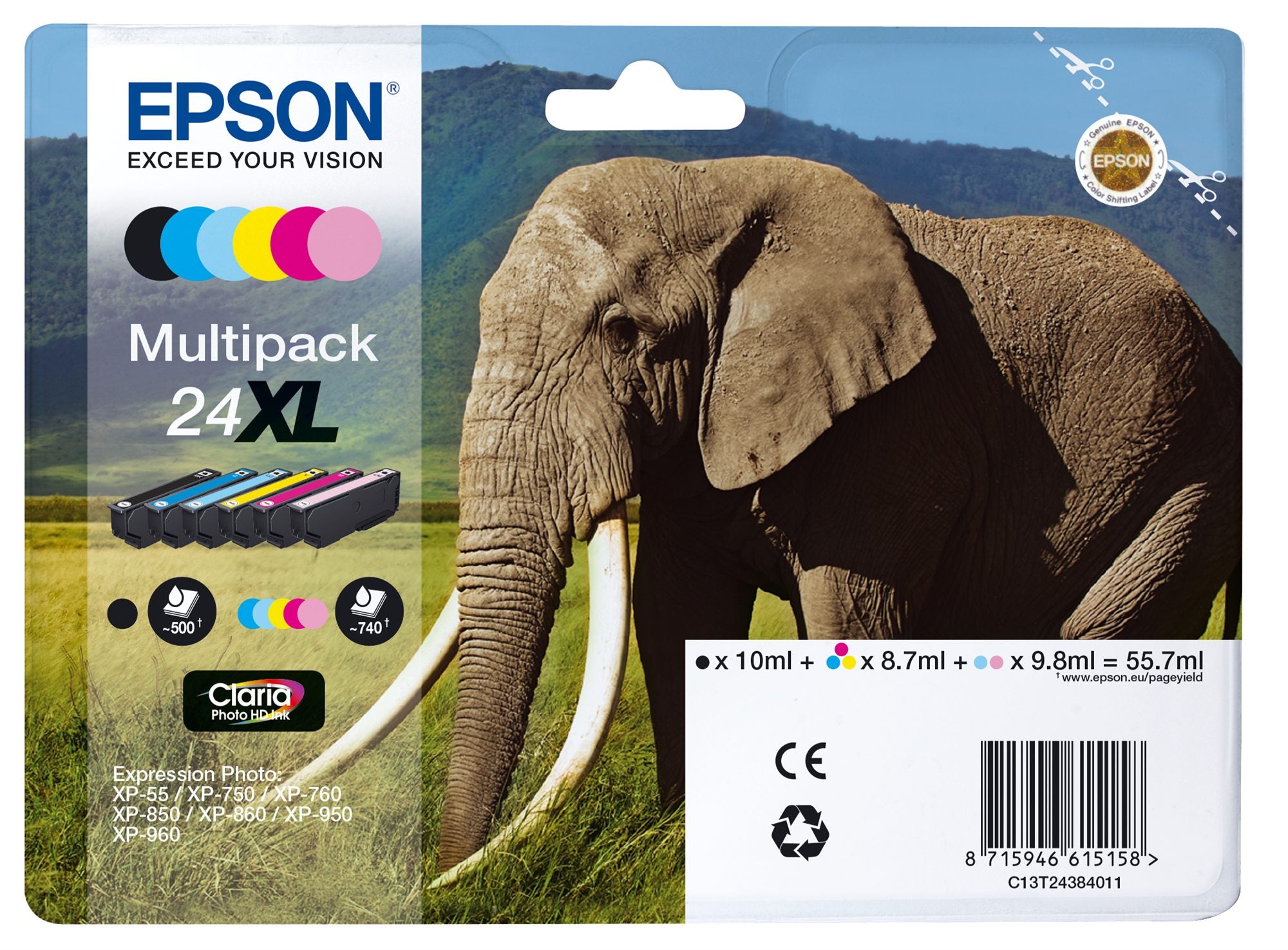 Epson Elephant C13T24384021 cartouche d'encre 6 piece(s) Original Rendement élevé (XL) Noir, Cyan, Cyan clair, Magenta, Magenta clair, Jaune