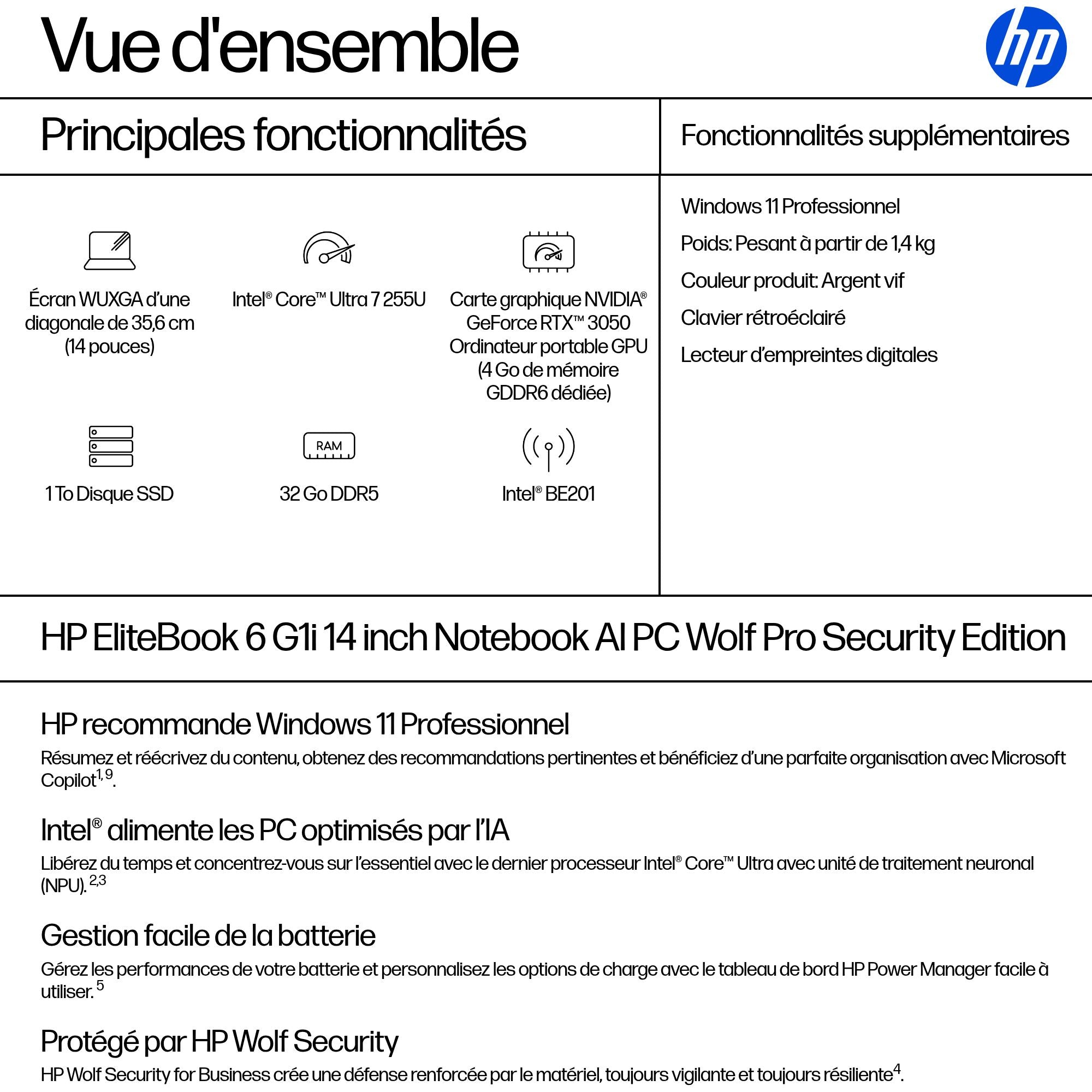 HP EliteBook 6 G1i Intel Core Ultra 7 255U 14p WUXGA 32Go 1To SSD UMA W11P Copilot + PC 1/1/0