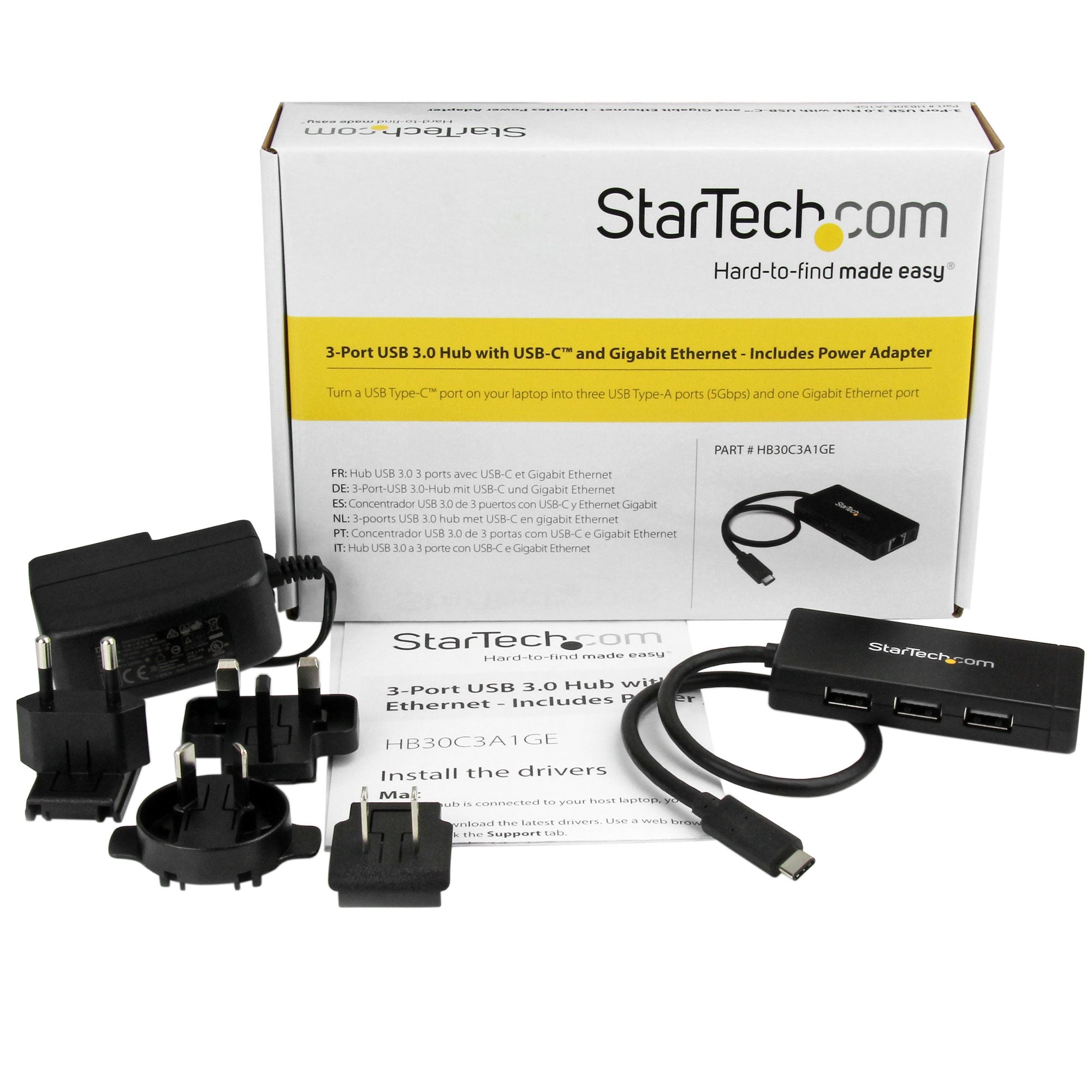 3Port USB C Hub GbE C to A - Power Adapt