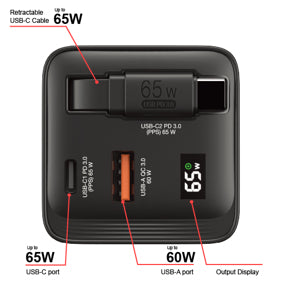 VERBATIM GAN CHARGER 65W 2 PORT RETR CABLE US/EU/UK ADP WCF (P)