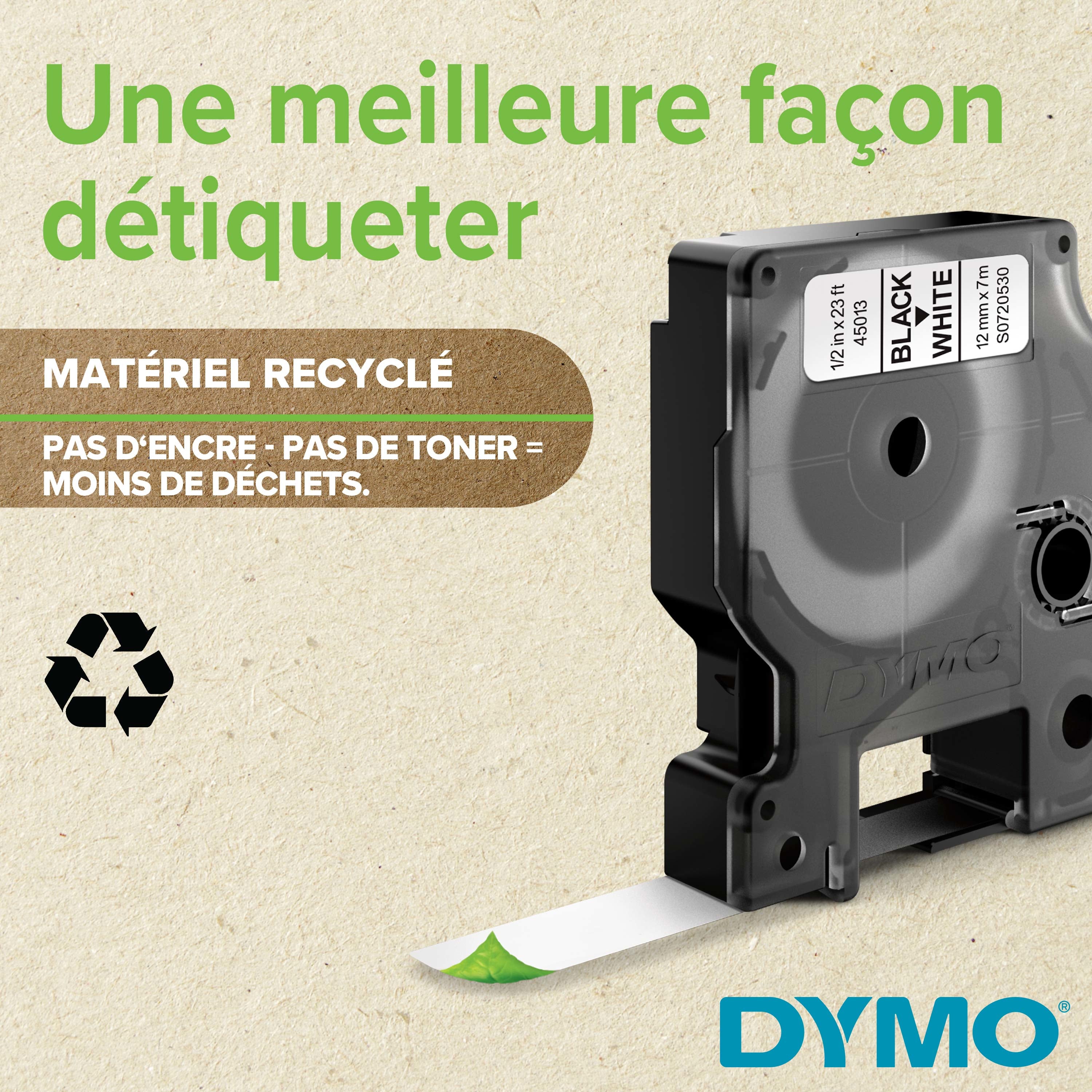 DYMO Ruban d étiquettes autocollantes D1 19 mm x 7 m, blanc sur noir