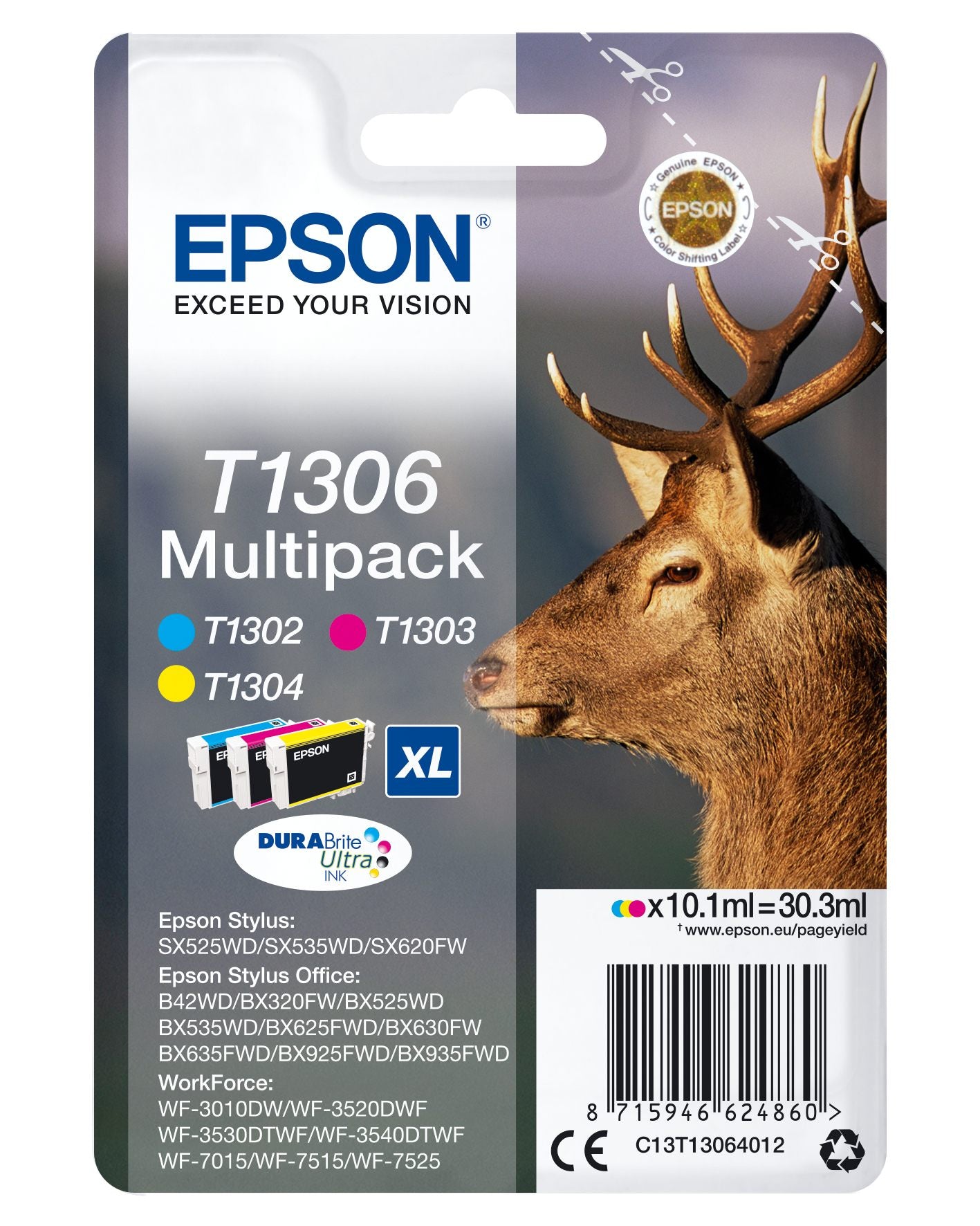 EPSON 1LB T1306 ink cartridge tri-colour extra high capacity 3 x 10.1ml 3-pack RF-AM blister DURABrite Ultra Ink w/s