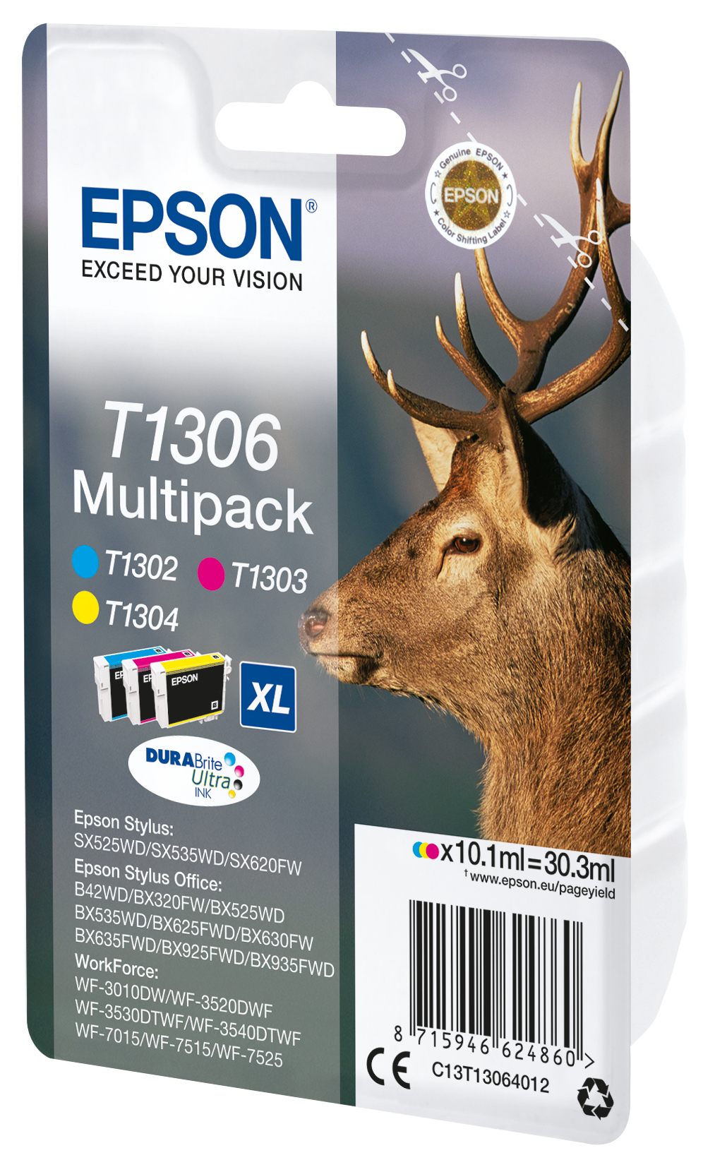 EPSON 1LB T1306 ink cartridge tri-colour extra high capacity 3 x 10.1ml 3-pack RF-AM blister DURABrite Ultra Ink w/s
