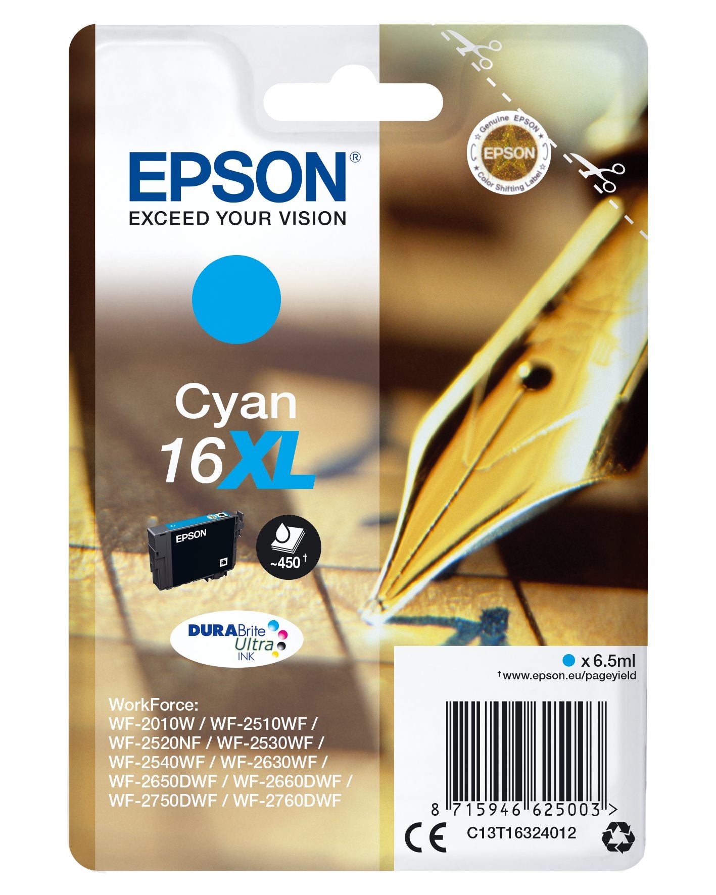 EPSON 1LB 16XL ink cartridge cyan high capacity 6.5ml 450 pages 1-pack RF-AM blister w/s