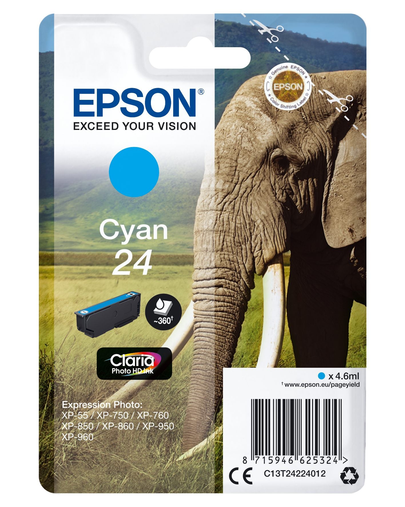 EPSON 1LB 24 ink cartridge cyan standard capacity 4.6ml 360 pages 1-pack RF-AM blister w/s