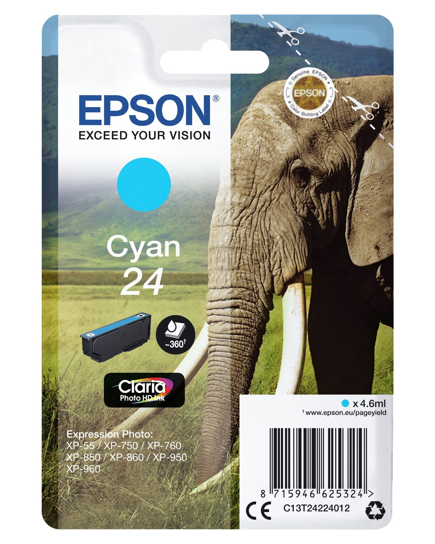 EPSON 1LB 24 ink cartridge cyan standard capacity 4.6ml 360 pages 1-pack RF-AM blister w/s