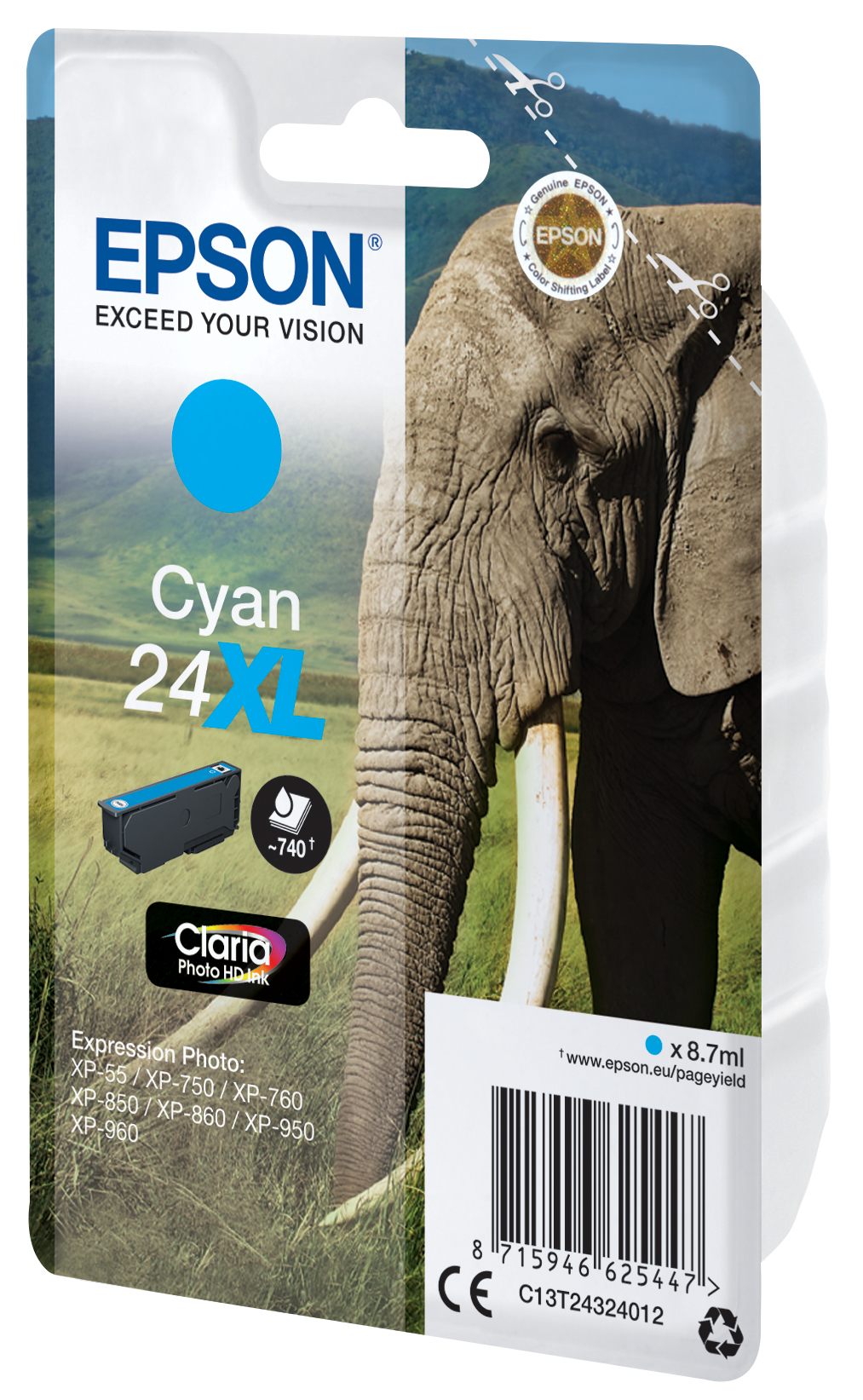 EPSON 1LB 24XL ink cartridge cyan high capacity 8.7ml 740 pages 1-pack RF-AM blister w/s