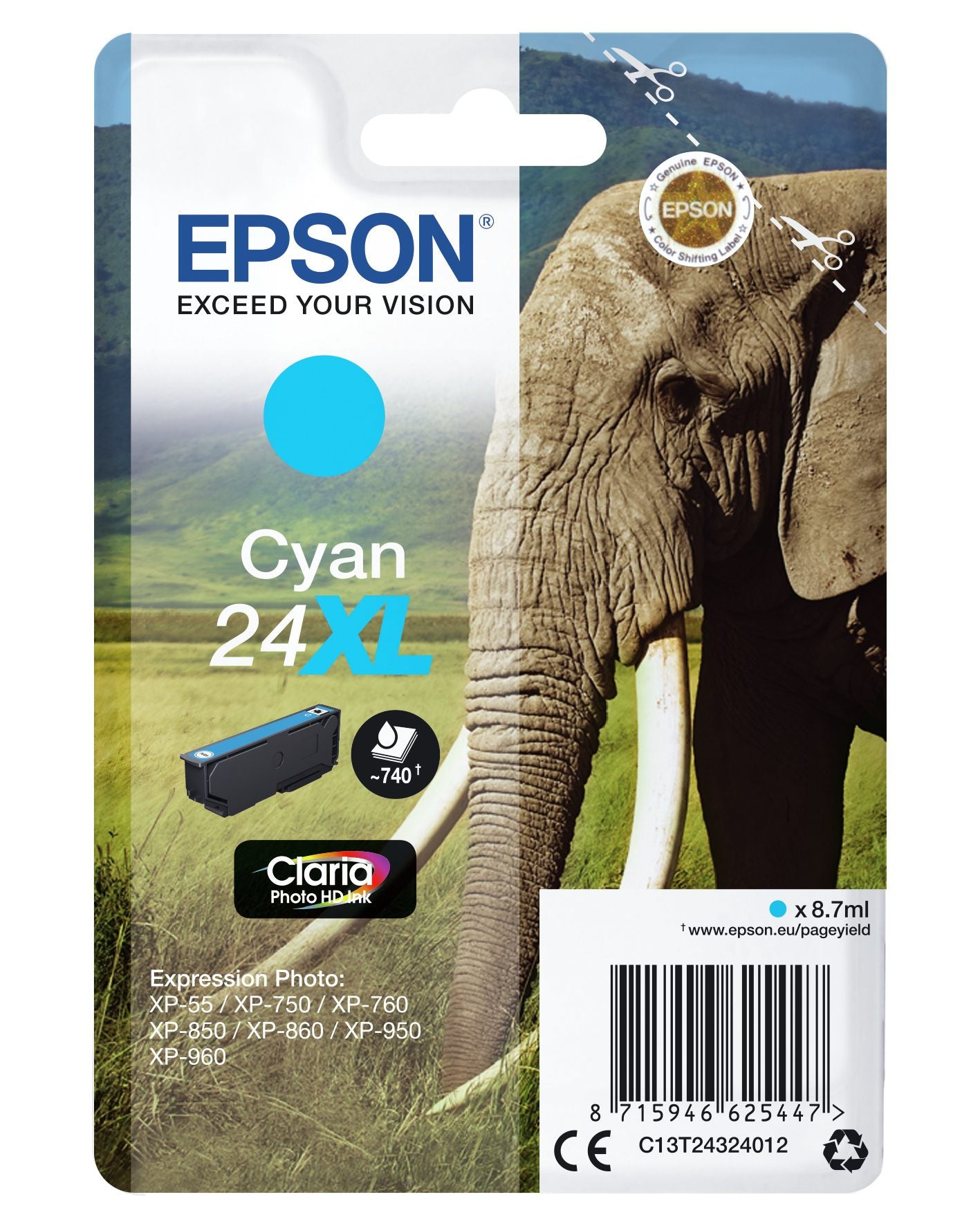EPSON 1LB 24XL ink cartridge cyan high capacity 8.7ml 740 pages 1-pack RF-AM blister w/s