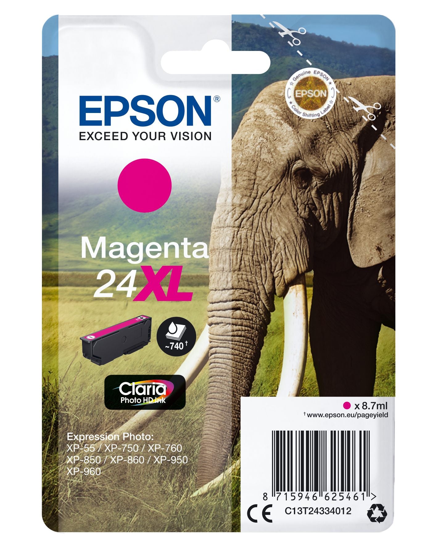 EPSON 1LB 24XL ink cartridge magenta high capacity 8.7ml 740 pages 1-pack RF-AM blister w/s