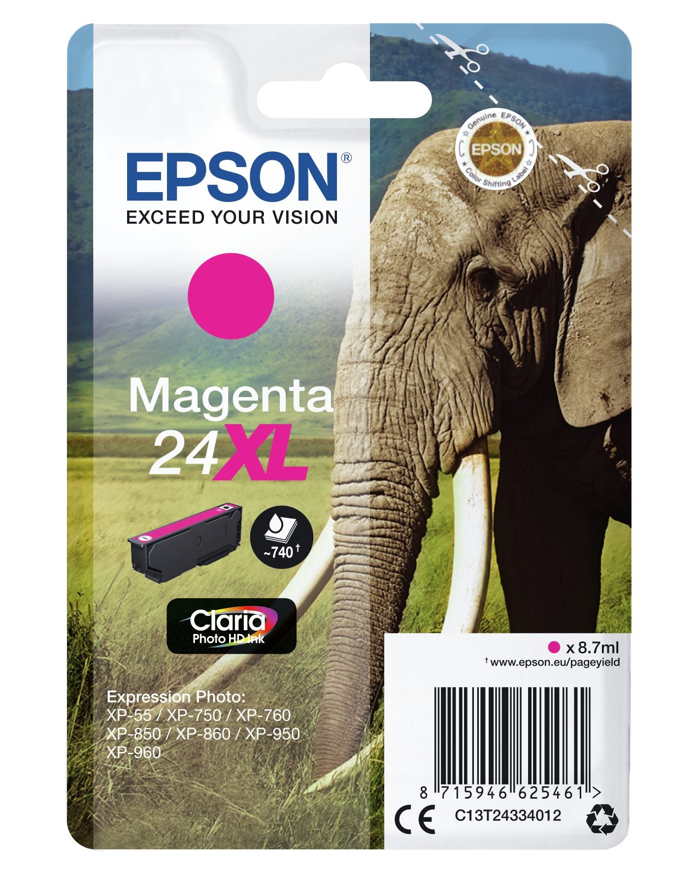 EPSON 1LB 24XL ink cartridge magenta high capacity 8.7ml 740 pages 1-pack RF-AM blister w/s