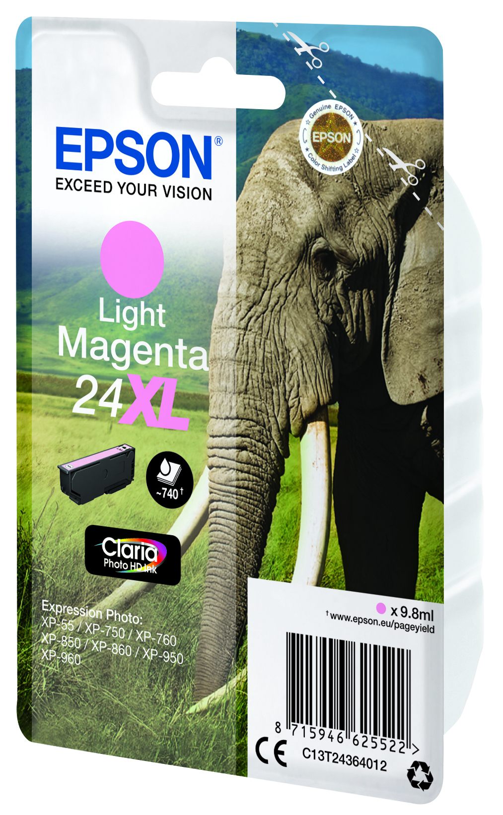EPSON 1LB 24XL ink cartridge light magenta high capacity 9.8ml 740 pages 1-pack RF-AM blister w/s