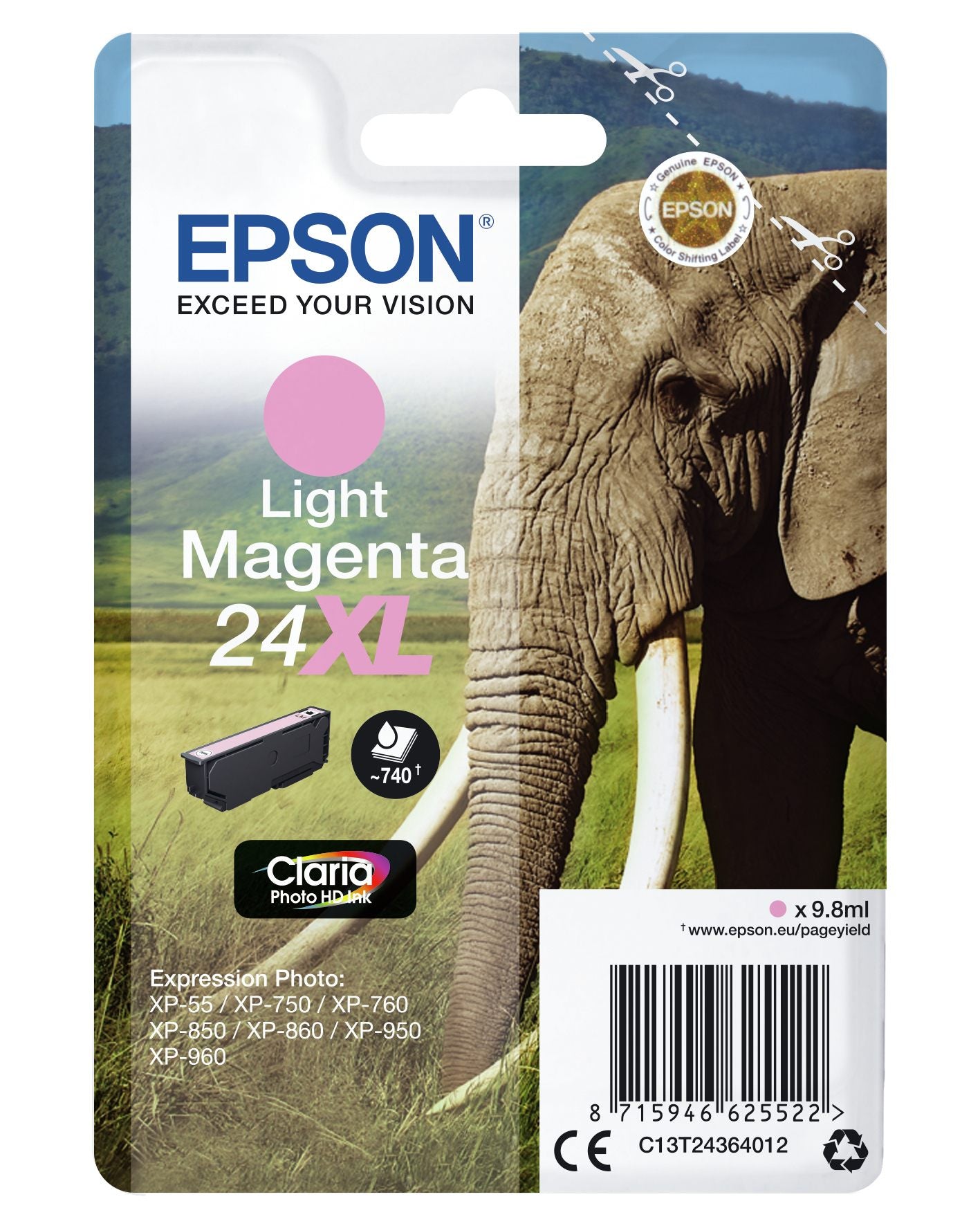 EPSON 1LB 24XL ink cartridge light magenta high capacity 9.8ml 740 pages 1-pack RF-AM blister w/s