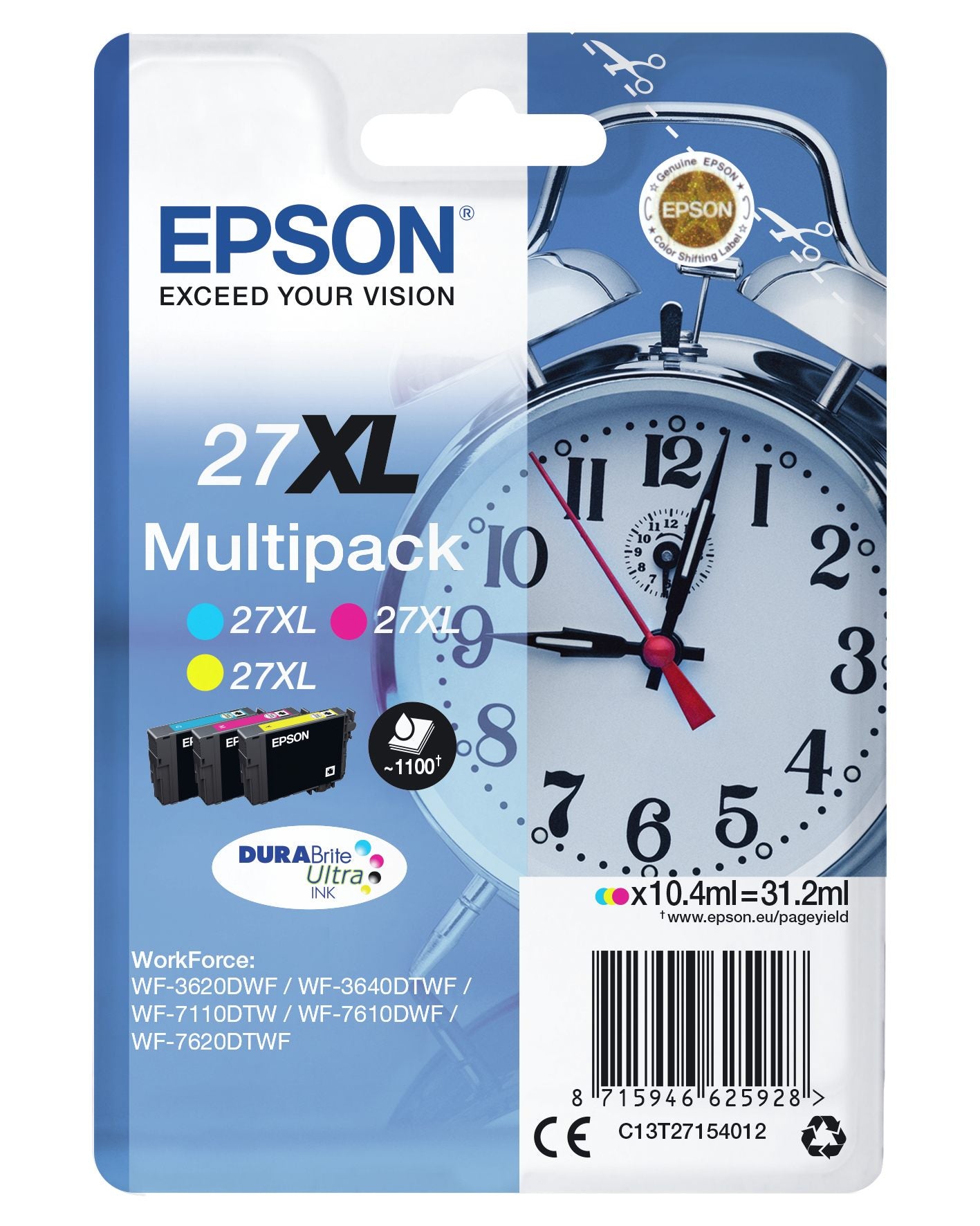 EPSON 1LB 27XL ink cartridge cyan magenta and yellow high capacity 3x10.4ml 3x1.100 pages combopack RF-AM blister - DURABrite w/s