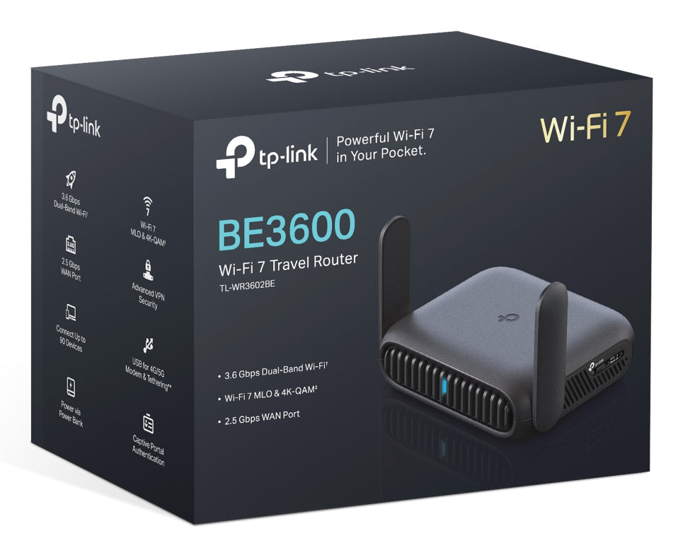 TP-LINK Routeur de voyage portable WiFi 7 BE3600 bi-bande associant la technologie Wi-Fi 7 le TL-WR3602BE offre une vitesse sans