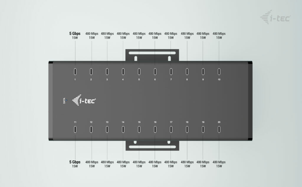 I-TEC USB-C/USB-A Metal Charging+Data HUB 15W per port 20x USB-C integrated power adapter 360W