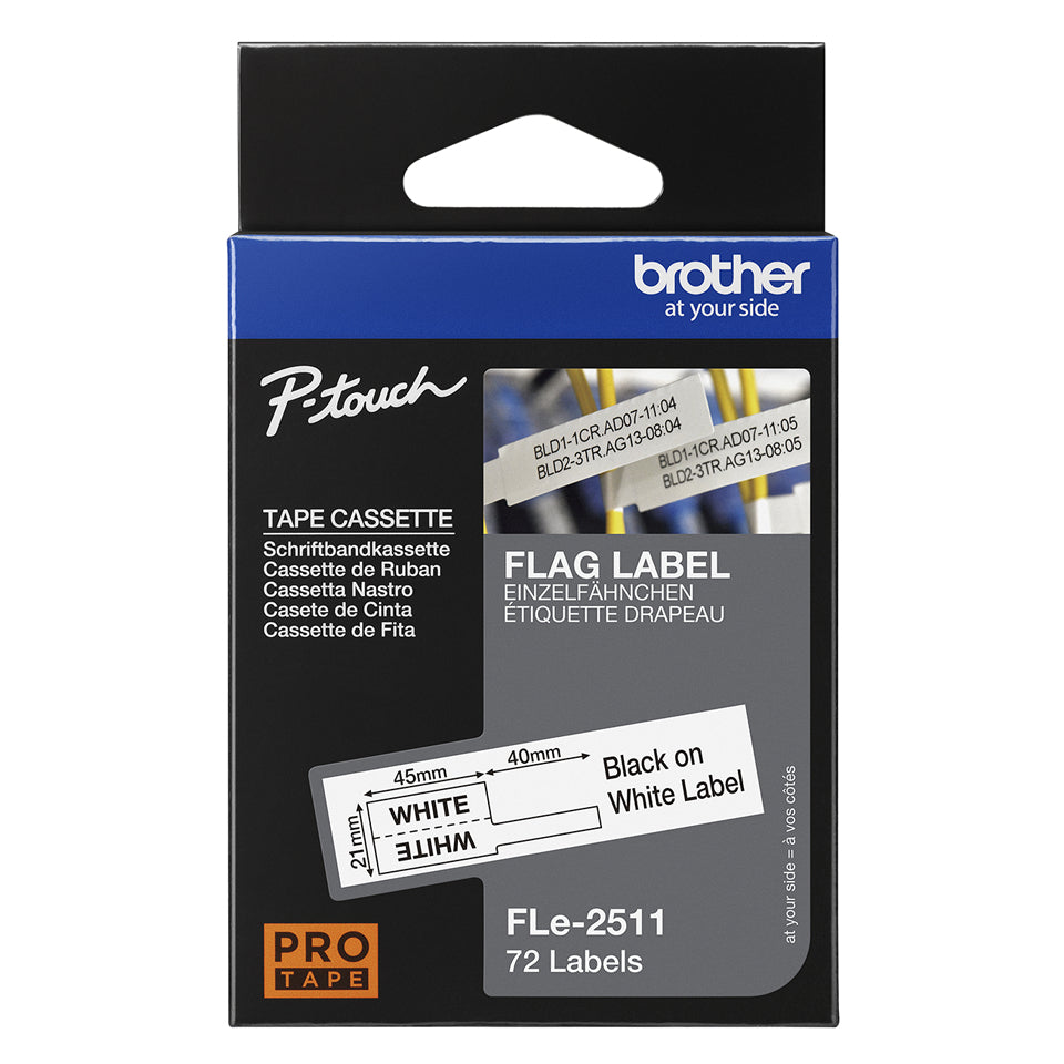 BROTHER FLe-2511 Black on White Flag Tape for Brother P-touch D800W P900W P950NW
