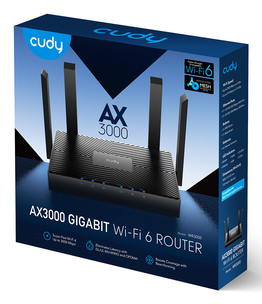 Cudy WR3000 routeur sans fil Gigabit Ethernet Bi-bande (2,4 GHz / 5 GHz) Noir