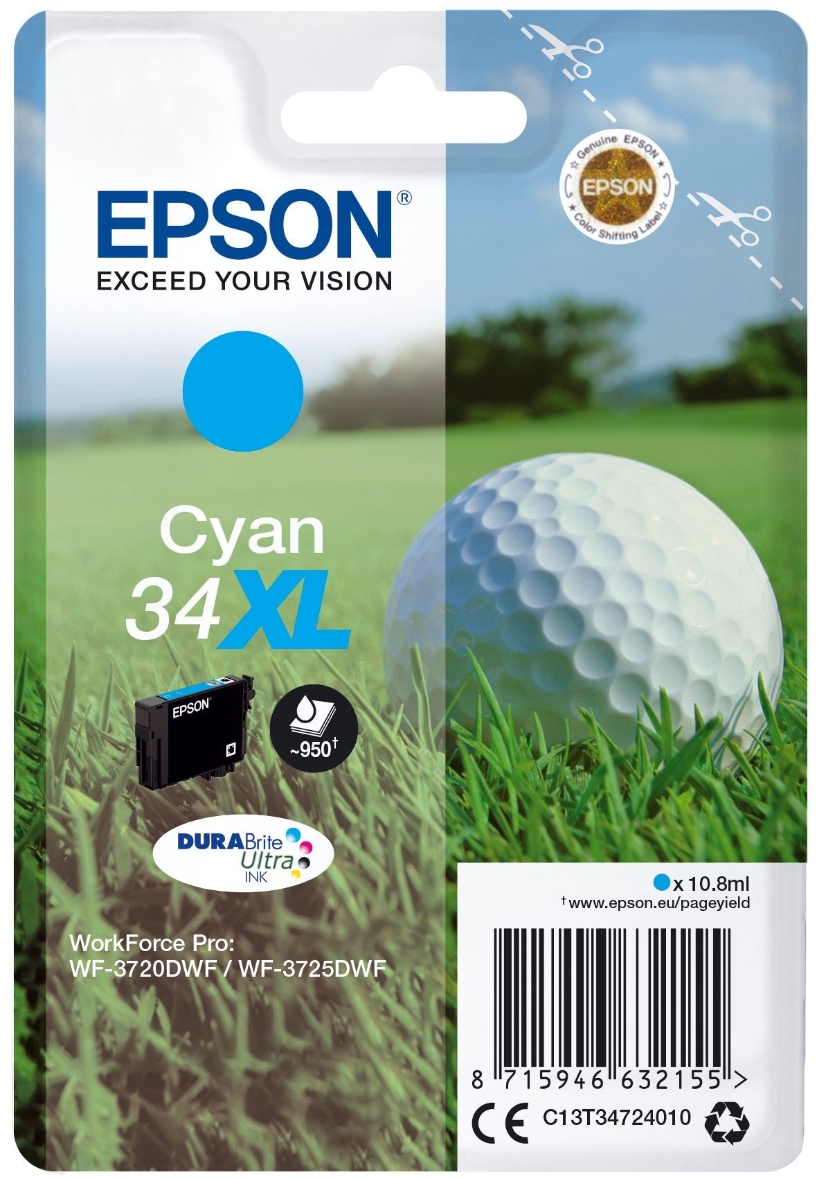 EPSON 2LB Singlepack 34XL Ink Cyan DURABrite Ultra 10.8ml Blister XL w/s