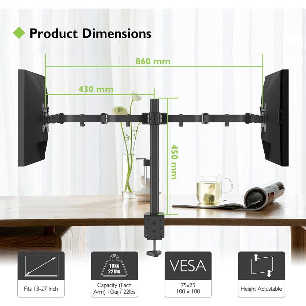 Techly ICA-LCD 382-D Support de double moniteur 13-27” LCD 10kg de bureau rotatif
