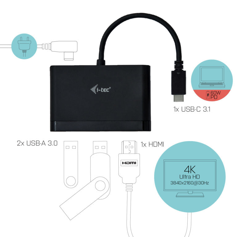 I-TEC USB-C HDMI and USB Adapter with Power Delivery 1xHDMI 4K 2xUSB 3.0 Port 1xUSB-C Power Delivery/Dataport compatible with TB3