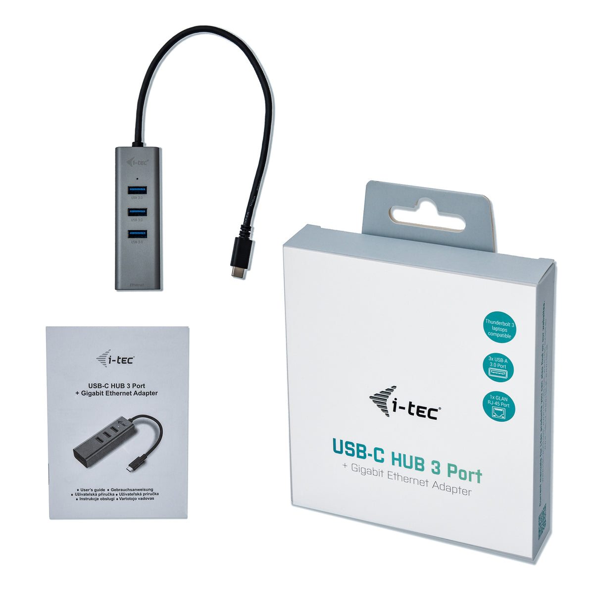 I-TEC USB-C Metal 3-Port HUB with Gigabit Ethernet Adapter 1xUSB-C to RJ-45 3xUSB 3.0 Port LED-Anzeige compatible with TB 3