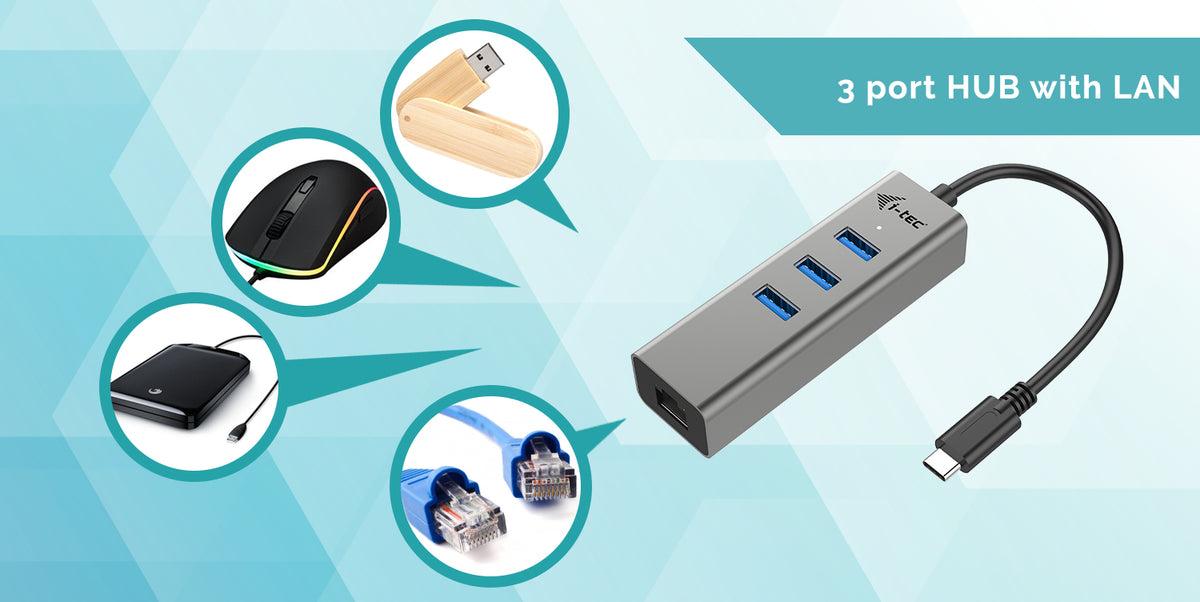 I-TEC USB-C Metal 3-Port HUB with Gigabit Ethernet Adapter 1xUSB-C to RJ-45 3xUSB 3.0 Port LED-Anzeige compatible with TB 3