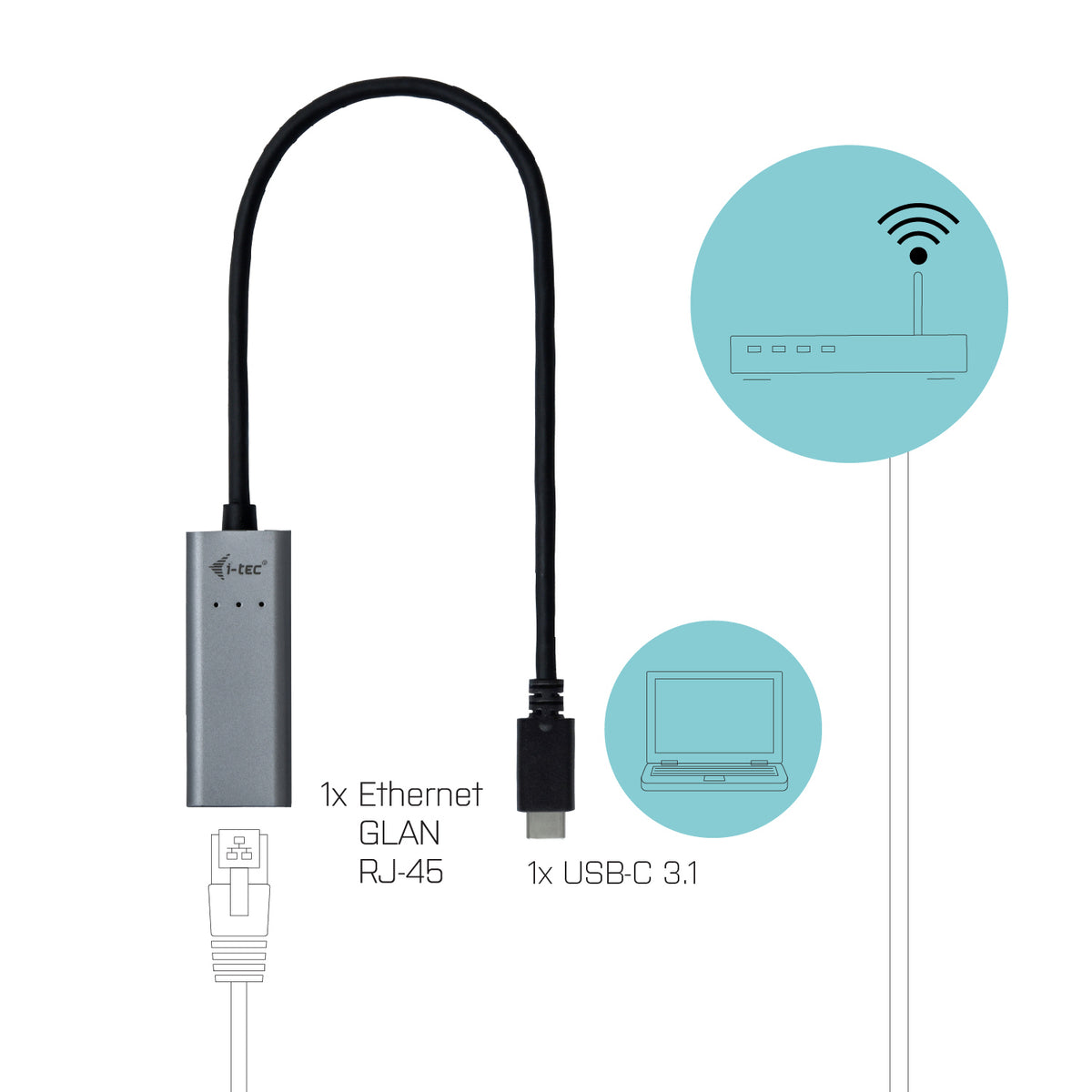 I-TEC USB-C Metal Gigabit Ethernet Adapter 1xUSB-C to RJ-45 LED compatible with Thunderbolt 3