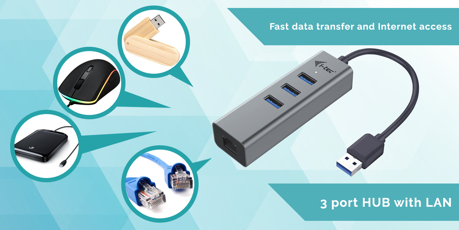 I-TEC USB 3.0 Metal 3-Port HUB with Gigabit Ethernet Adapter 1xUSB 3.0 to RJ-45 3xUSB 3.0 Port LED