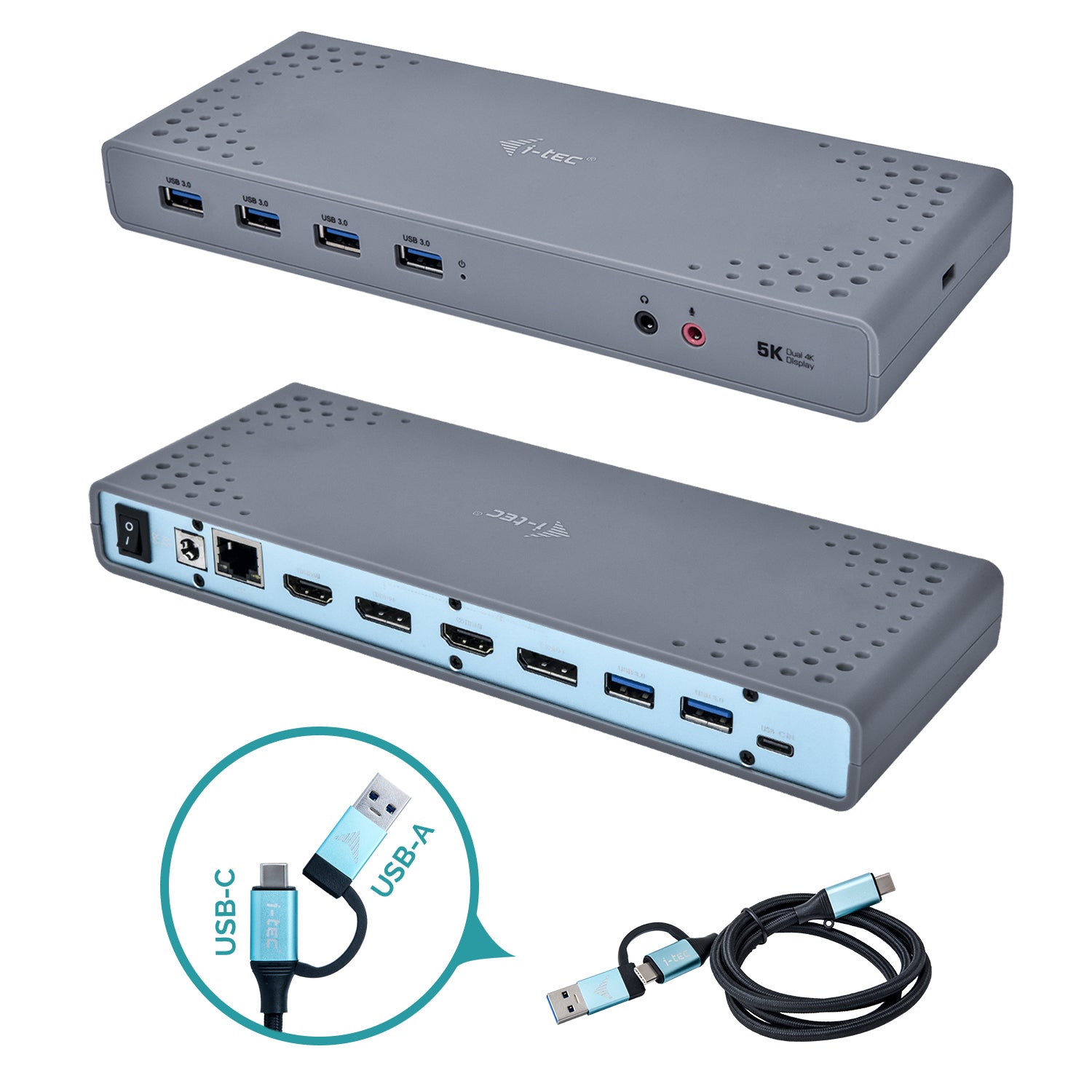 I-TEC USB 3.0/USB-C Dualdock 1x5K 2x4K 60Hz 2xHDMI 2xDP 1xGLAN 6xUSB 3.0 1xAudio/Mic Jack Kensington compatible with TB 3