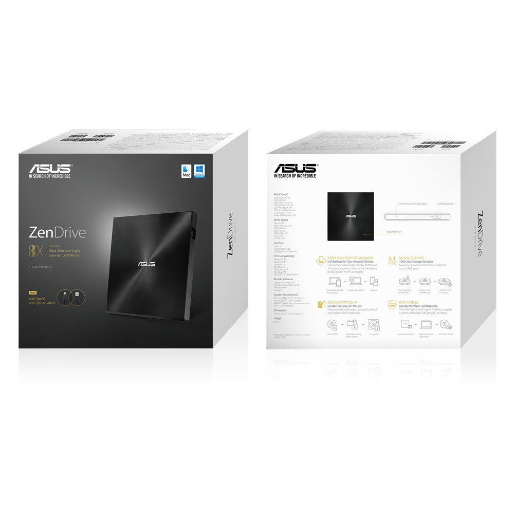 ASUS SDRW-08U9M-U/BLK/G/AS/P2G USB TYPE-C Cable + NERO Backitup