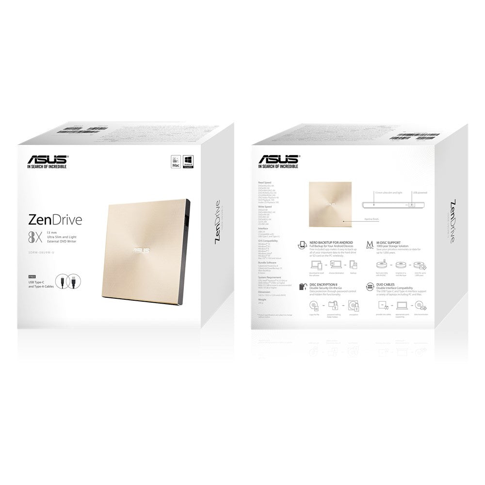 ASUS ZenDrive U9M USB-C ext.Ultra SLIM DVD Writer incl.USB-C cabel Brennsoftware+Nero Backup App gold