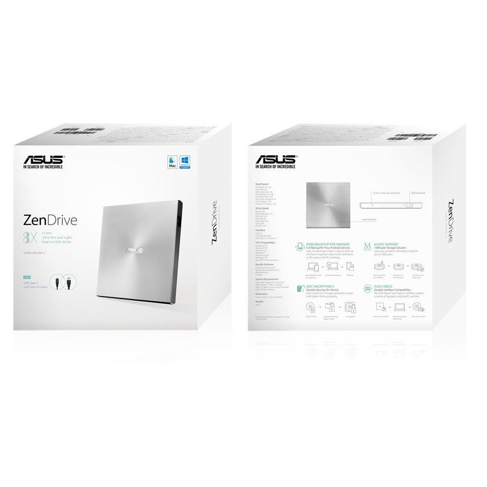 ASUS SDRW-08U9M-U SIL G AS P2G USB TYPE-C Cable + NERO Backitup