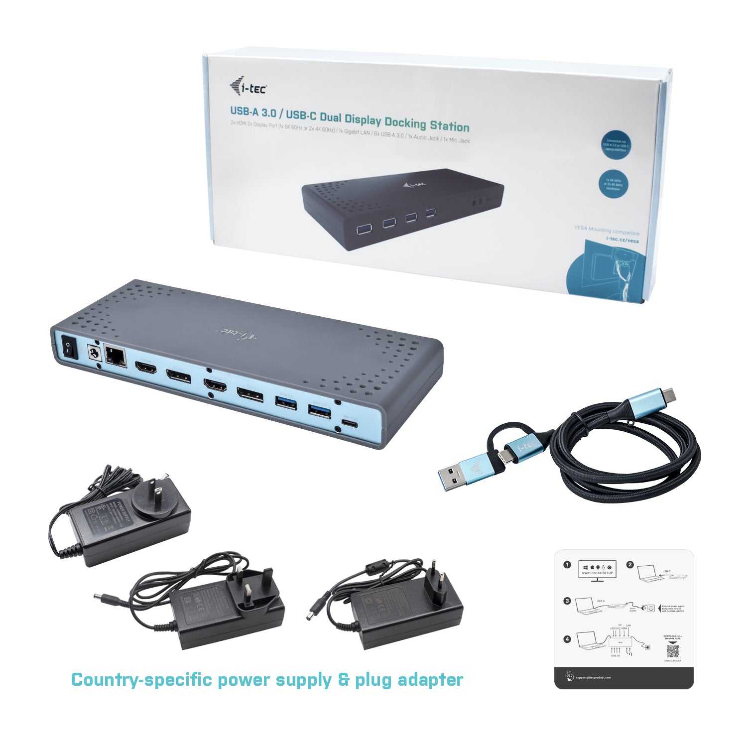 I-TEC USB 3.0/USB-C Dualdock 1x5K 2x4K 60Hz 2xHDMI 2xDP 1xGLAN 6xUSB 3.0 1xAudio/Mic Jack Kensington compatible with TB 3