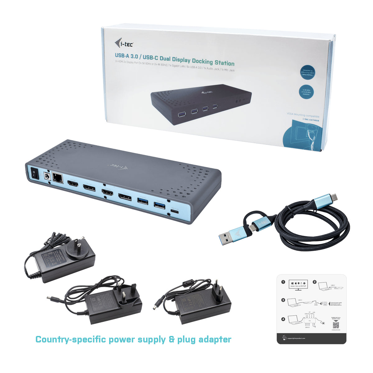 I-TEC USB 3.0/USB-C Dualdock 1x5K 2x4K 60Hz 2xHDMI 2xDP 1xGLAN 6xUSB 3.0 1xAudio/Mic Jack Kensington compatible with TB 3