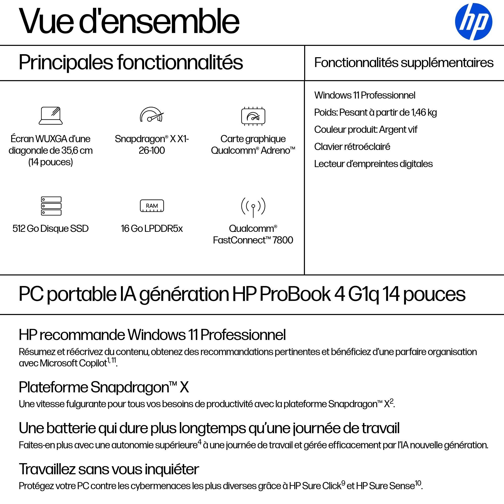 HP ProBook 4 G1q Snapdragon X1-26-100 14p WUXGA 16Go 512Go SSD UMA W11P 1/1/0