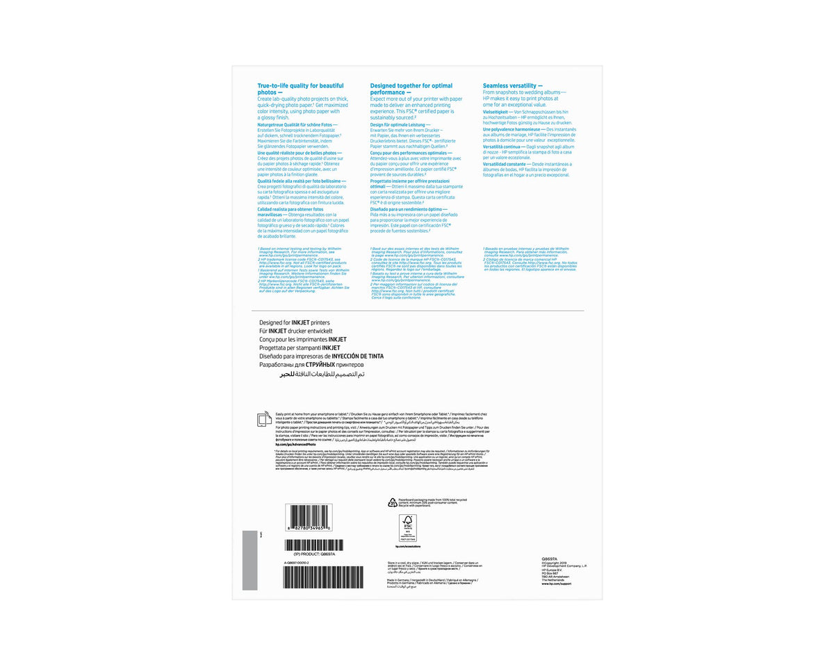 HP original Advanced glossy photo paper white Ink cartridge Q8697A 250g/m2 A3 20 sheets 1-pack