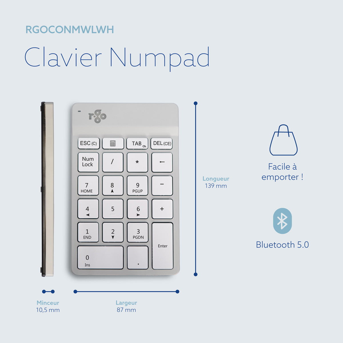 R-GO TOOLS Pavé num. Numpad Break, Bluetooth blanc/argent