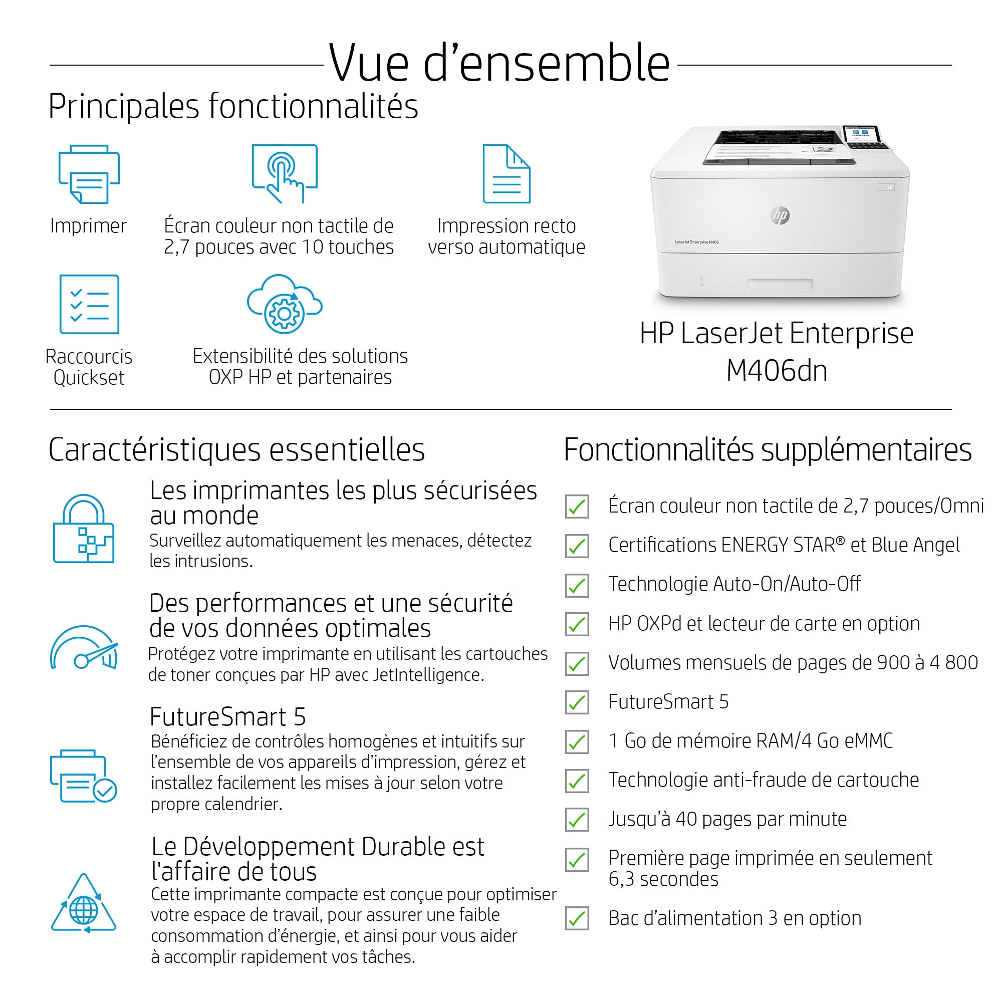 HP LaserJet Enterprise M406dn Printer Mono Duplex laser A4 1200x1200dpi 40ppm 350sheets USB LAN