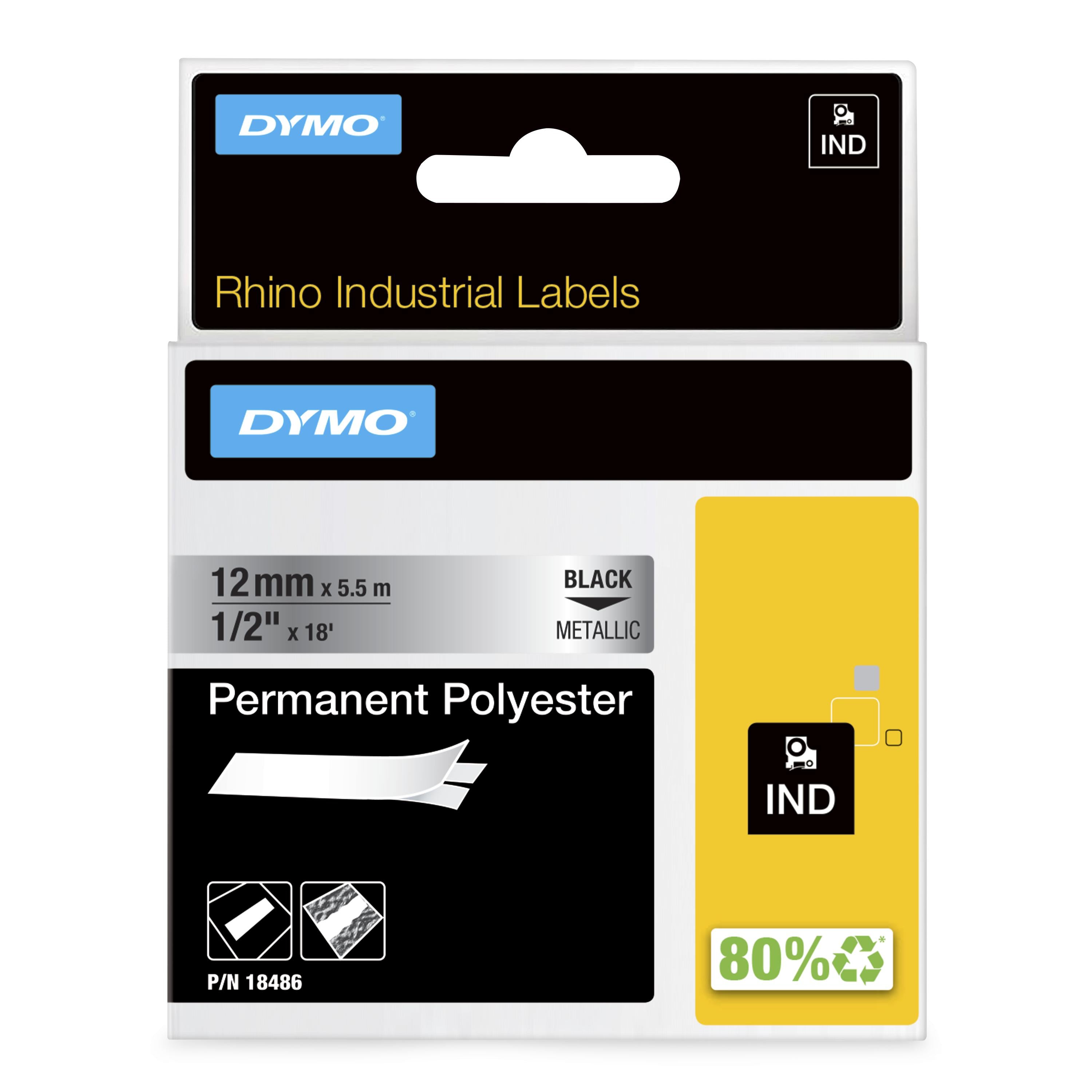 DYMO Rhino Etiquette indus. Polyester permanent 12mm x 5,5m noir/métallique