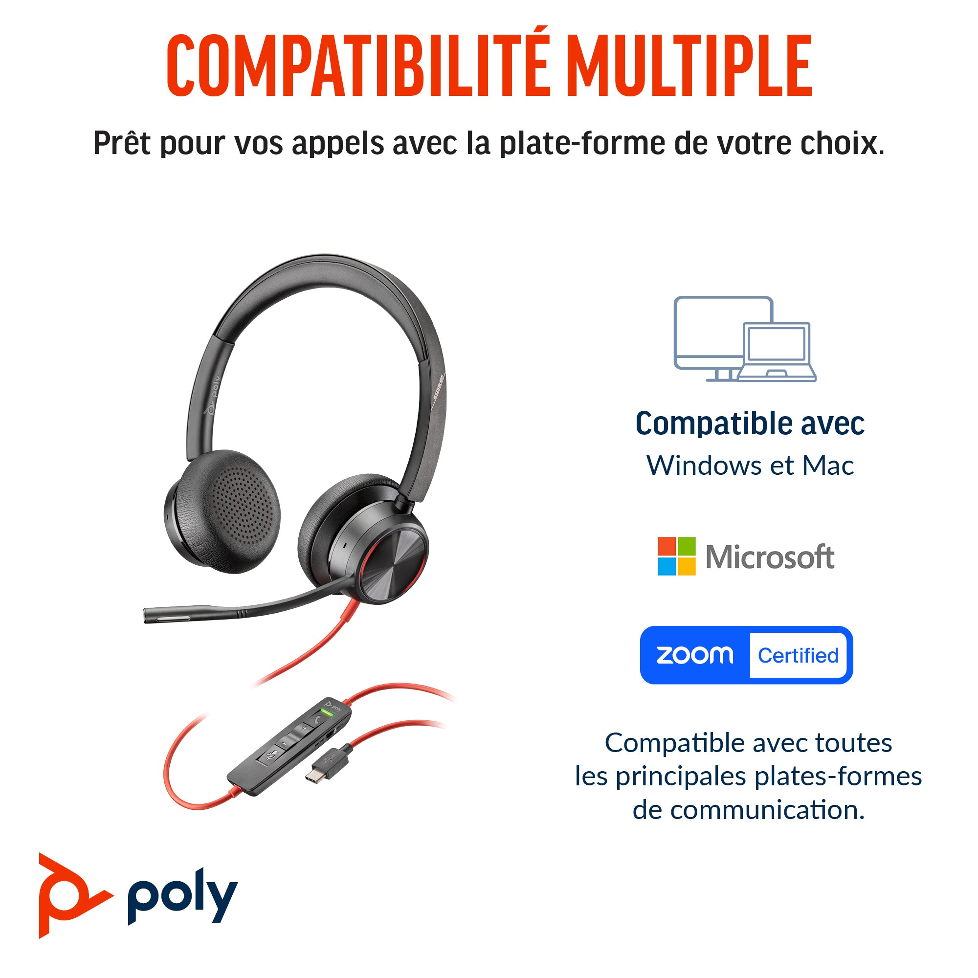 HP Poly Blackwire 8225 USB-C Headset Avec fil Arceau Bureau/Centre d'appels USB Type-C Noir