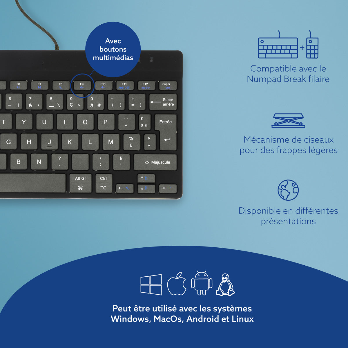 R-GO TOOLS Clavier ergonomique Compact Break, filaire noir