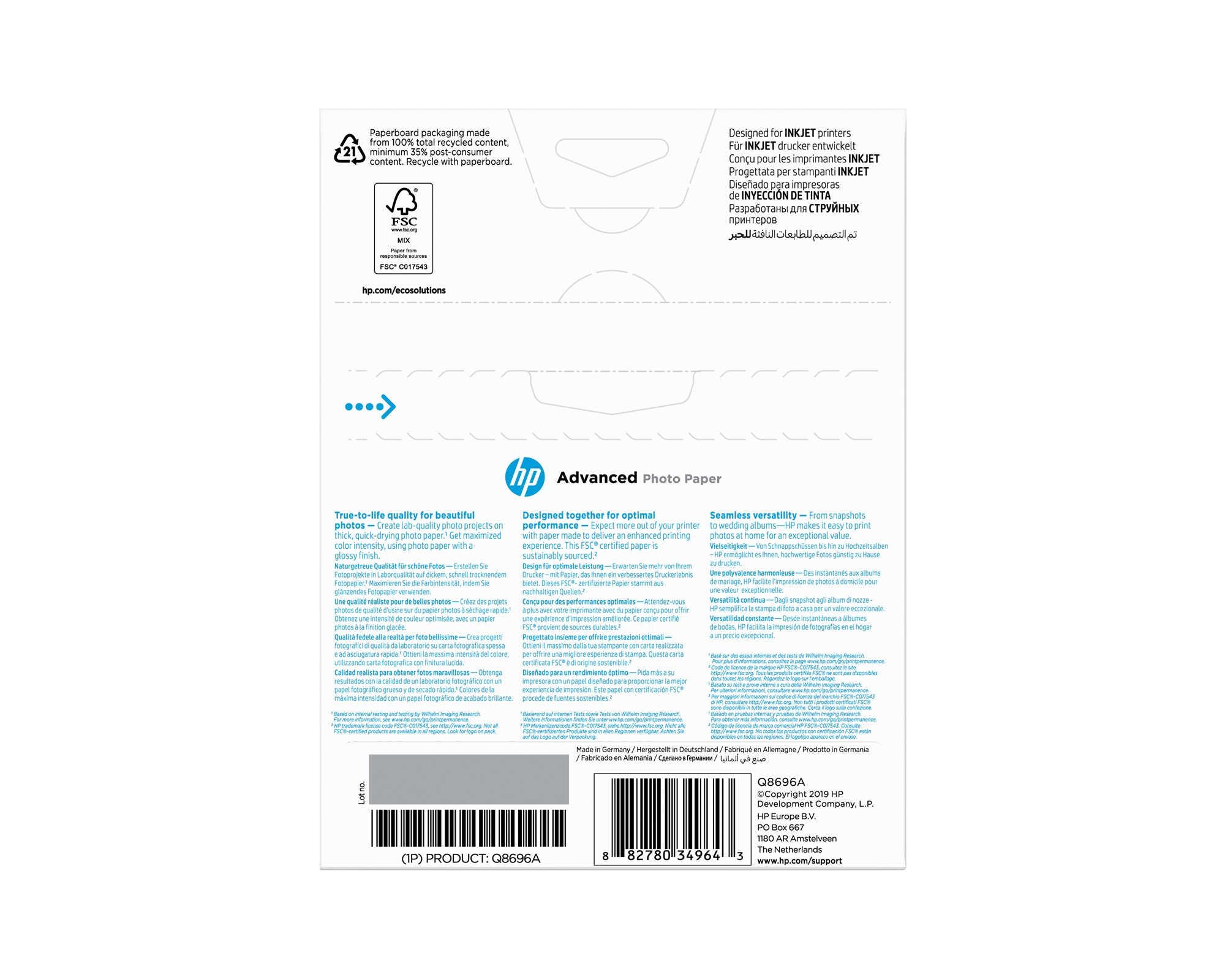 HP original Advanced glossy photo paper Ink cartridge Q8696A 250g/m2 130x180mm 25 sheets 1-pack borderless