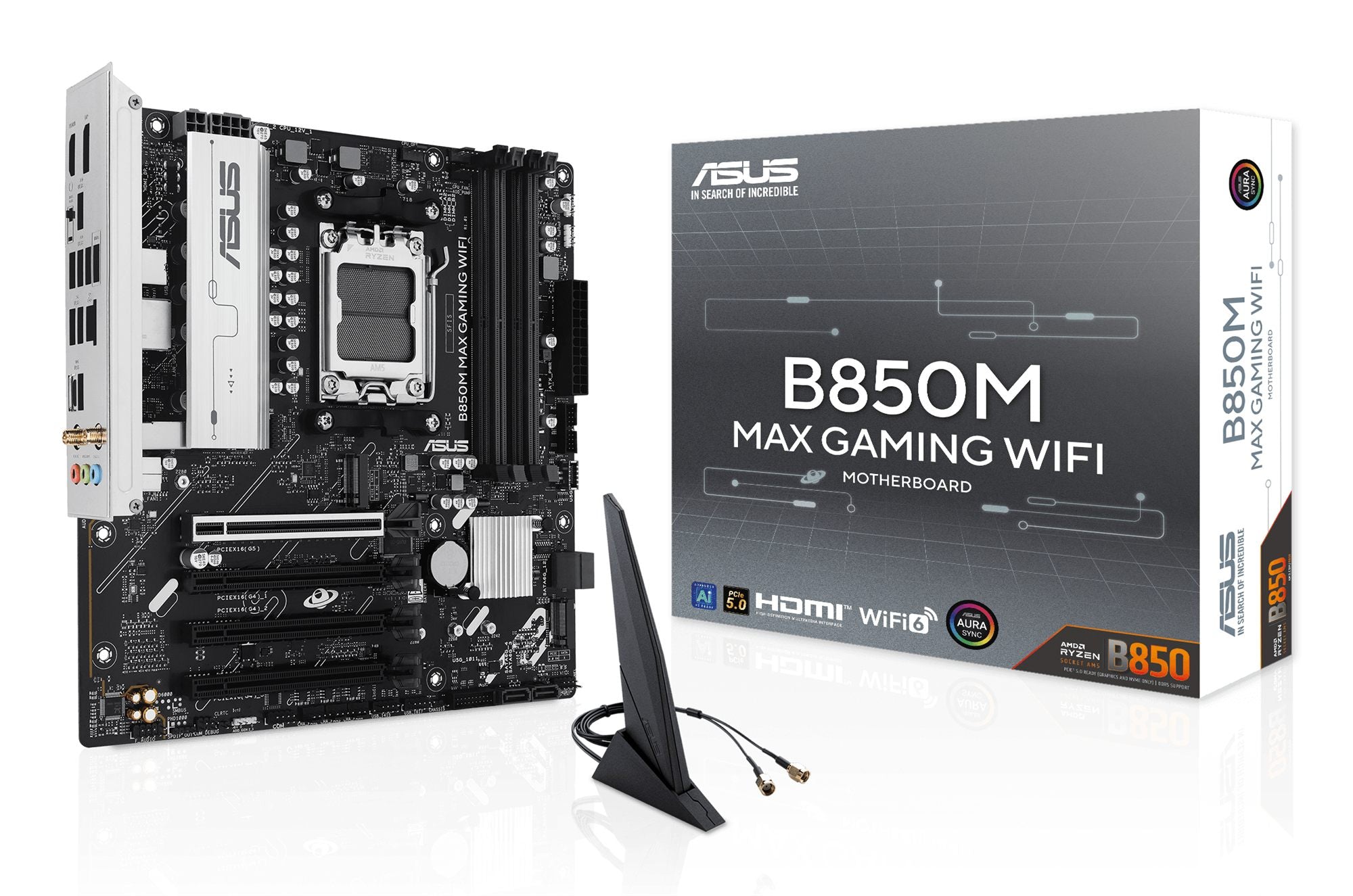ASUS B850M MAX GAMING WIFI AMD AM5 mATX motherboard 4xDDR5 PCIe 5.0 3xM.2 1xHDMI 1xDisplayPort 4xSATA