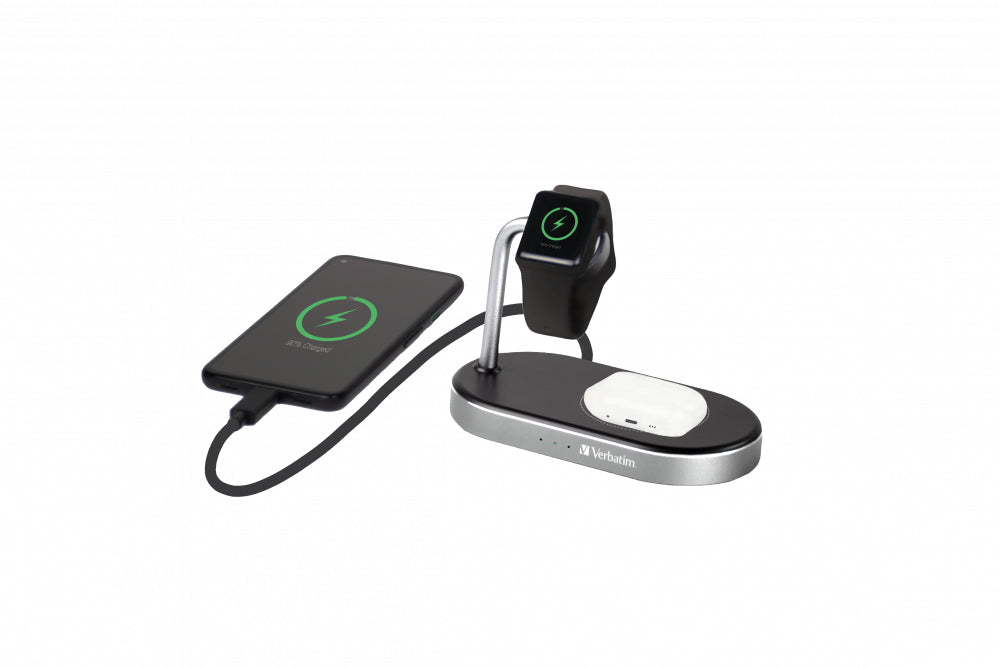 VERBATIM WCS-02 ALUMINIUM 3-IN-1 QI MFI WIRELESS + APPLE WATCH + QC 3.0 CHARGER WCF (P)