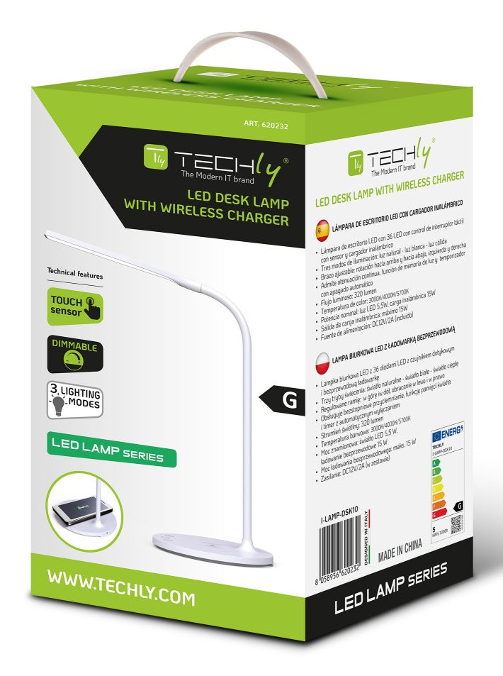 Techly I-LAMP-DSK10 Lampe de bureau LED 5,5W tactile avec chargeur Qi 15W