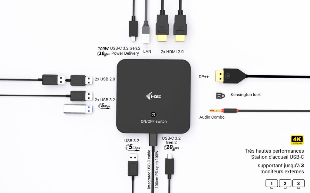 I-TEC USB-C DS 2 x HDMI 1x DP 1x GLAN 1x USB-C 3.2 3x USB-A 3.2 2x USB 2.0 1x 3.5mm Audio/Mic 1x 100W USB-C Power Delivery