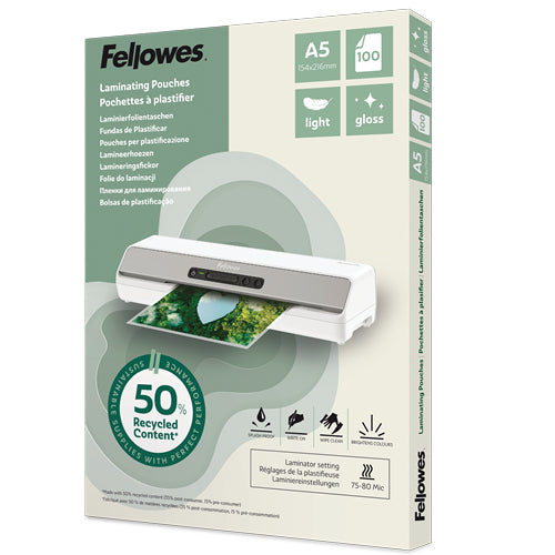 FELLOWES Pochettes de plastification A5 avec 50 pourcentage de contenu recyclé - usage léger brillant lot de 100