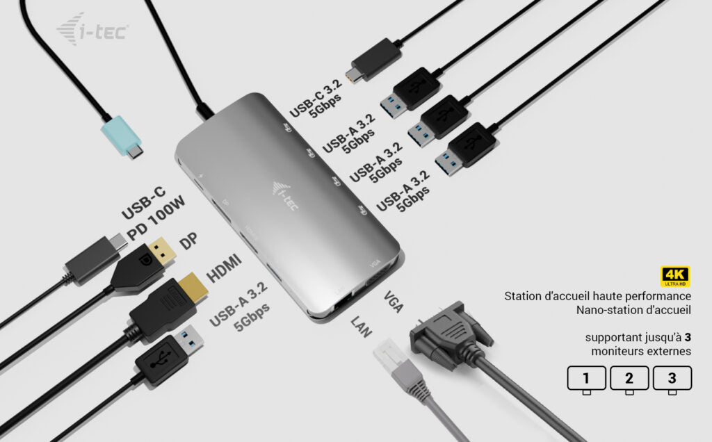 I-TEC USB-C Metal Nano 3x Display Docking Station 1x DP 1x HDMI 1x VGA 1x GLAN 1x USB-C Gen1 4x USB-A Gen1 Power Delivery 100W