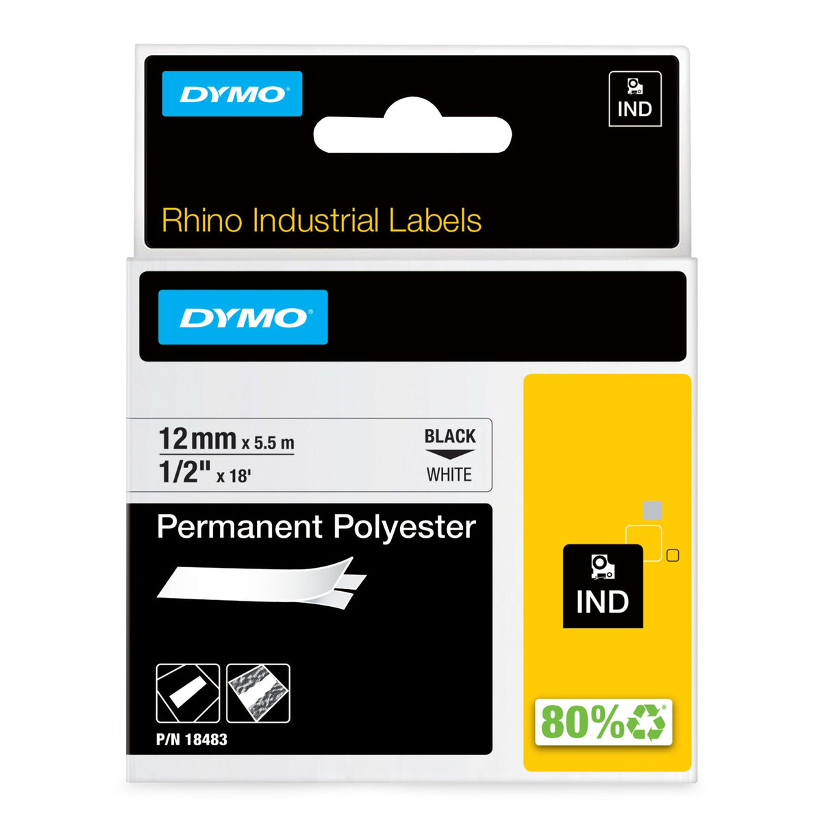 DYMO Rhino Etiquette industrielle Polyester permanent 12mm x 5,5m noir/blanc